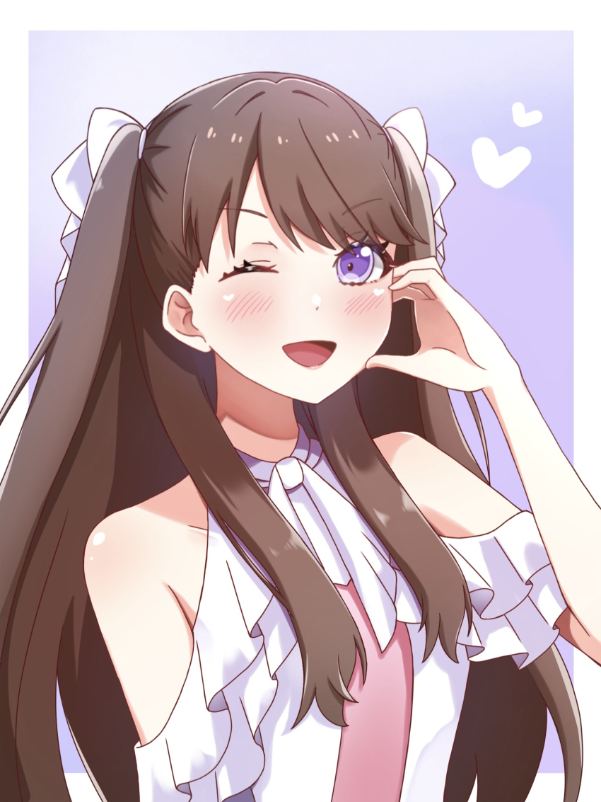 1girl, ;d, border, bow, breasts, brown_hair, clothing_cutout, commentary, dress, frilled_dress, frills, fujishima_megumi, gradient_background, hair_bow, half-heart_hands, heart, highres, link!_like!_love_live!, link_to_the_future_(love_live!), long_hair, looking_at_viewer, love_live!, mano_409, official_alternate_costume, one_eye_closed, open_mouth, outside_border, pink_dress, purple_background, purple_eyes, shoulder_cutout, smile, solo, two_side_up, upper_body, v-shaped_eyebrows, virtual_youtuber, white_border, white_bow, white_dress