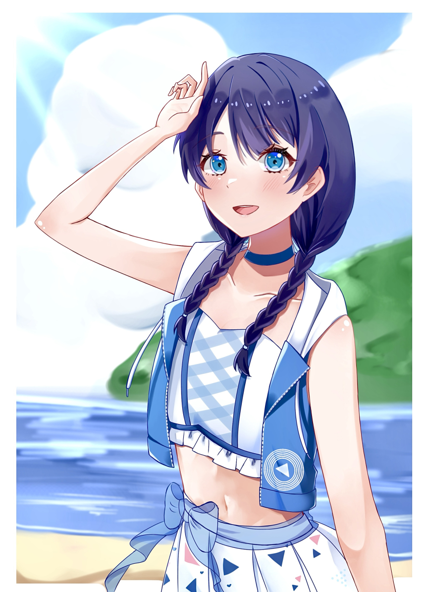 1girl, :d, absurdres, arm_up, beach, blush, border, braid