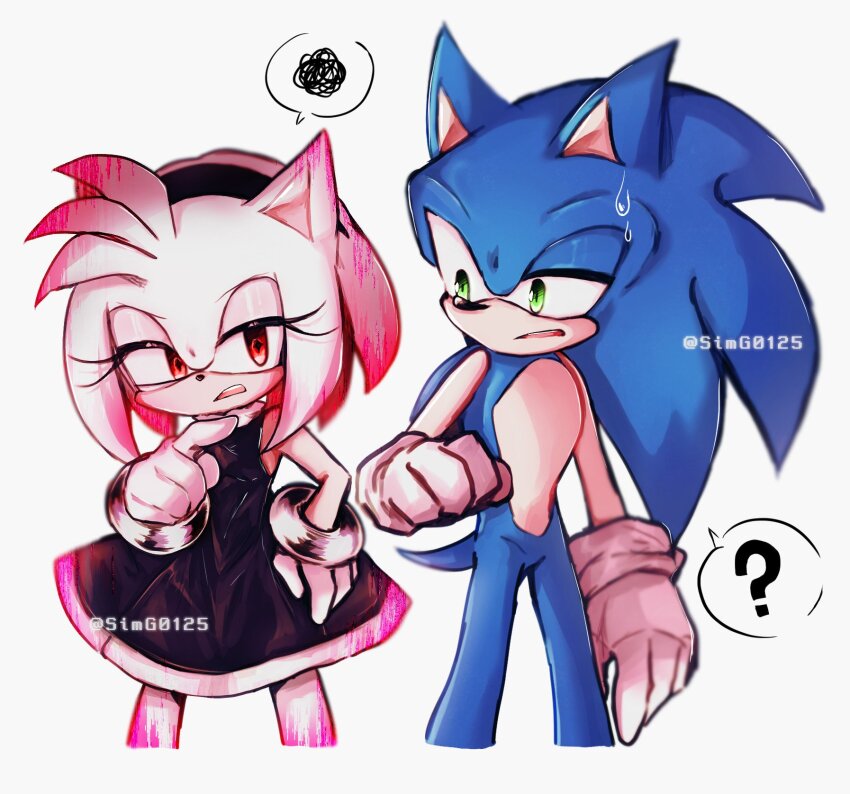 1boy, 1girl, ?, alternate_color, amy_rose, animal_ears, animal_nose, annoyed