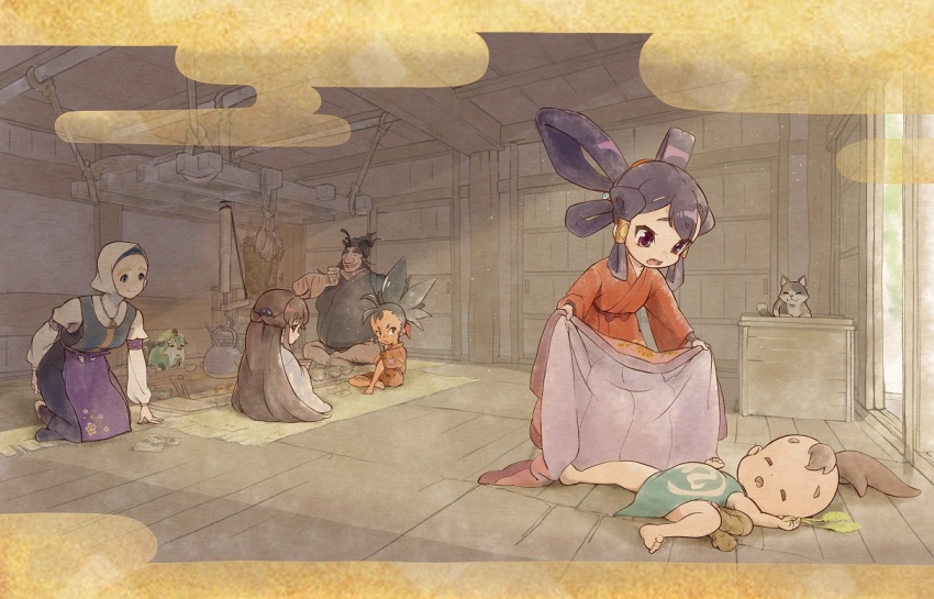 3boys, 3girls, artist_request, cat, hair_rings, indoors, japanese_clothes, kaimaru