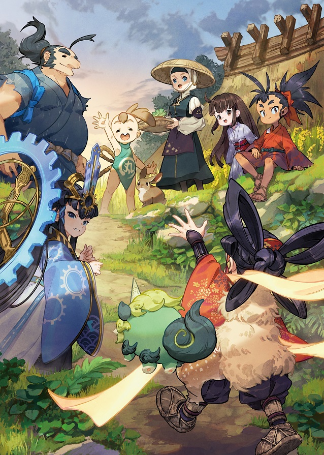 3boys, 4girls, black_hair, creature, gears, hair_rings, headpiece, japanese_clothes