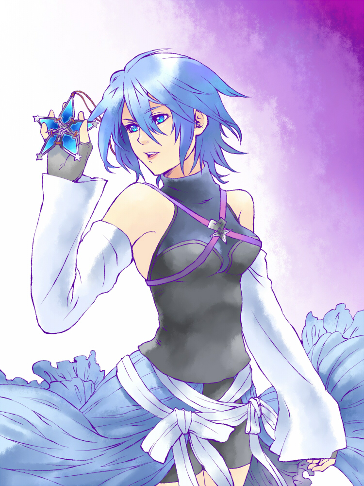 1girl, aqua_(kingdom_hearts), bad_id, bad_pixiv_id, banana_gyuunyuu, bare_shoulders, blue_eyes, blue_hair, breasts, detached_sleeves, female_focus, gradient_background, kingdom_hearts, kingdom_hearts_birth_by_sleep, matching_hair/eyes, solo, vanitassora