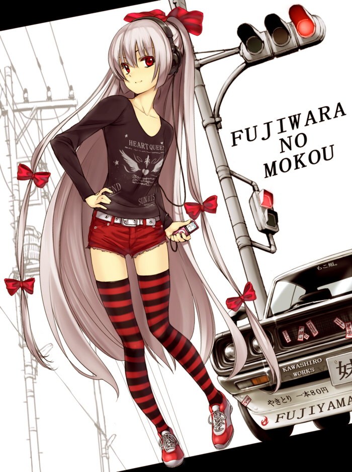 1girl, alternate_costume, bad_id, bad_pixiv_id, belt, bow, car, casual, cat, character_name, clothes_writing, contemporary, mp3_player, female_focus, fujiwara_no_mokou, hair_bow, hair_ribbon, hand_on_own_hip, headphones, hip_focus, ipod, long_hair, looking_at_viewer, motor_vehicle, nissan, nissan_skyline, nissan_skyline_c110, ofuda, pole, power_lines, red_eyes, red_thighhighs, ribbon, shirt, shoes, shorts, smile, sneakers, solo, striped_clothes, striped_thighhighs, t-shirt, takemori_shintarou, thigh_gap, thighhighs, touhou, traffic_light, very_long_hair, white_hair