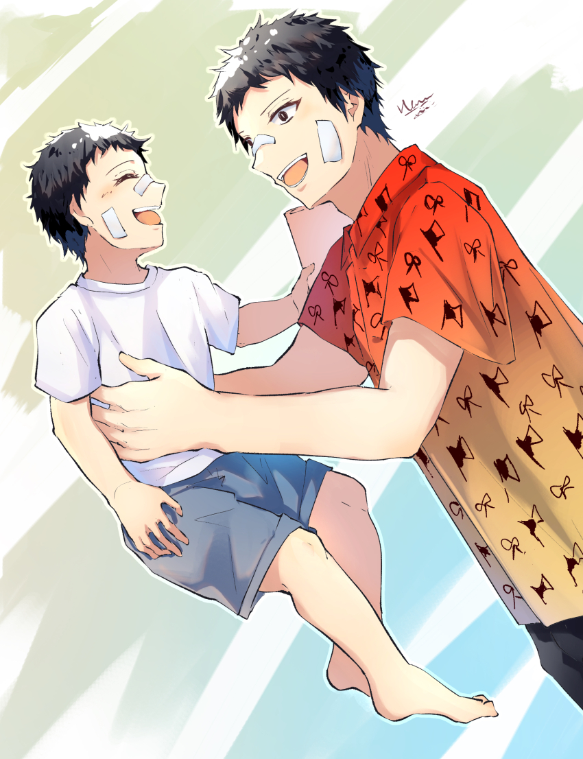 1boy, :d, annabell_(durch9sicht5), axe_print, ayashimon, bandaid, bandaid_on_face, bandaid_on_nose