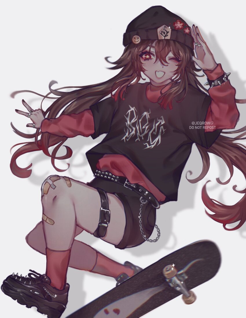 1girl, alternate_costume, beanie, black_nails, blush, brown_hair, english_text, flower, flower-shaped_pupils, genshin_impact, ghost, hair_between_eyes, hat, hat_flower, highres, hu_tao_(genshin_impact), jeqrow, jewelry, long_hair, long_sleeves, looking_at_viewer, open_mouth, red_eyes, ring, skateboarding, smile, solo, symbol-shaped_pupils, twintails, very_long_hair