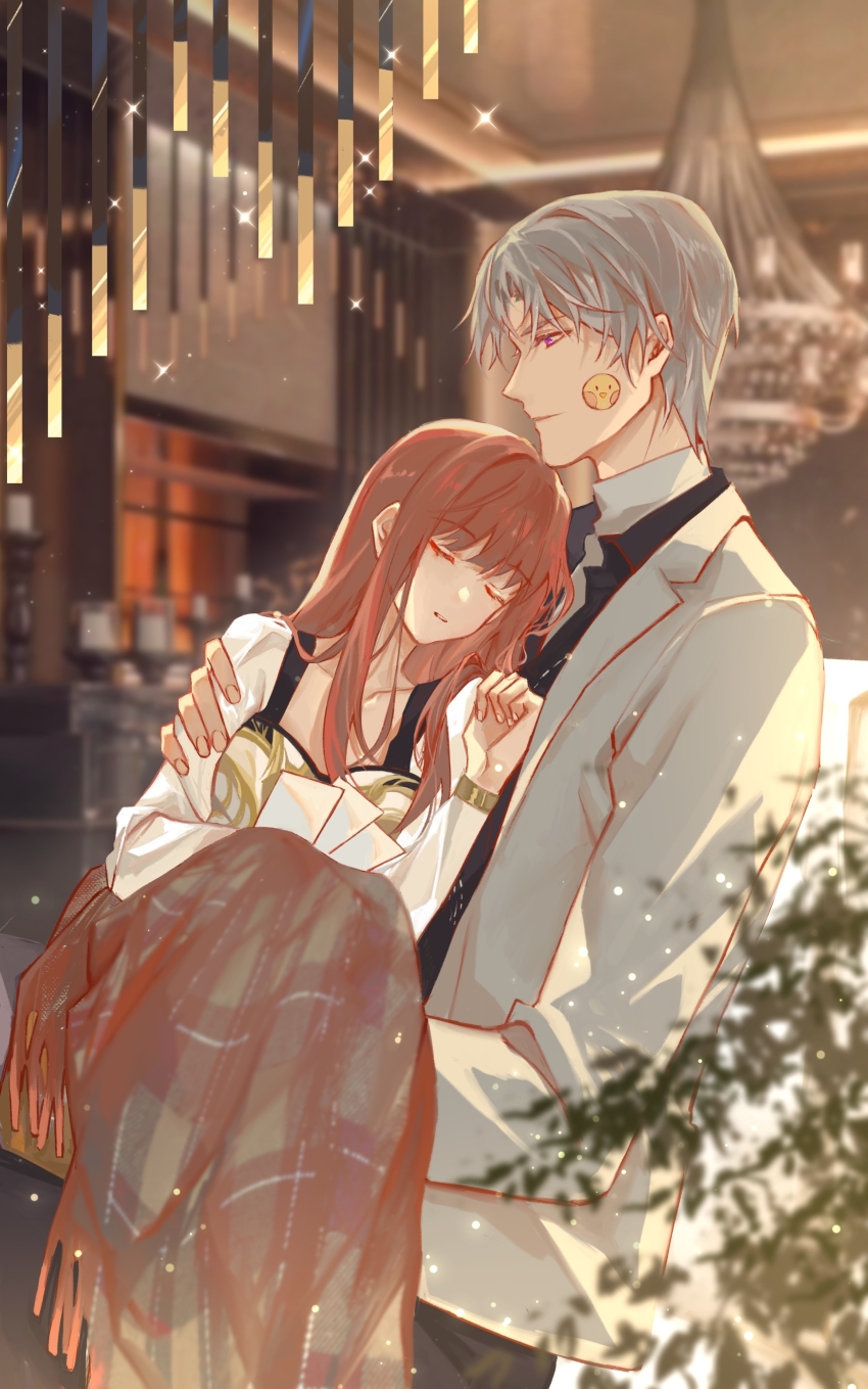 1boy, 1girl, absurdres, black_pants, black_shirt, blanket, blurry, carrying