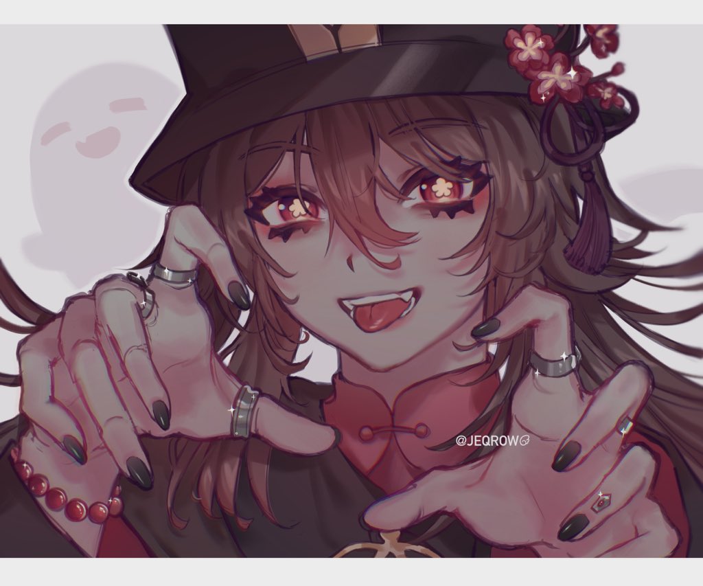 1girl, black_nails, blush, boo_tao_(genshin_impact), brown_hair, flower, flower-shaped_pupils, genshin_impact, ghost, hair_between_eyes, hat, hat_flower, hu_tao_(genshin_impact), jeqrow, jewelry, long_hair, long_sleeves, looking_at_viewer, open_mouth, red_eyes, ring, smile, solo, symbol-shaped_pupils, twintails, upper_body, very_long_hair