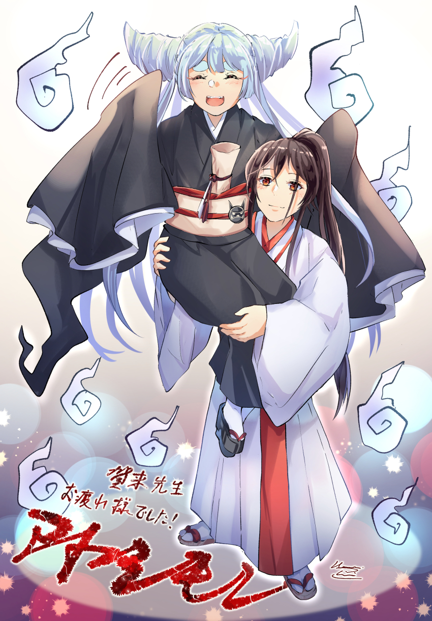 2girls, :d, absurdres, annabell_(durch9sicht5), ayashimon, black_hair, black_kimono, carrying