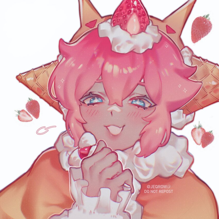 1other, blue_eyes, blush, cape, cookie_run, cookie_run:_kingdom, food, fruit