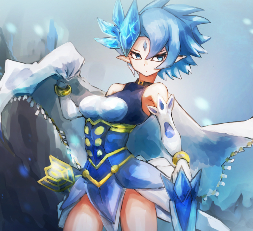 1girl, blue_dress, blue_hair, breasts, cape, crystal_hair, dress, duel_monster