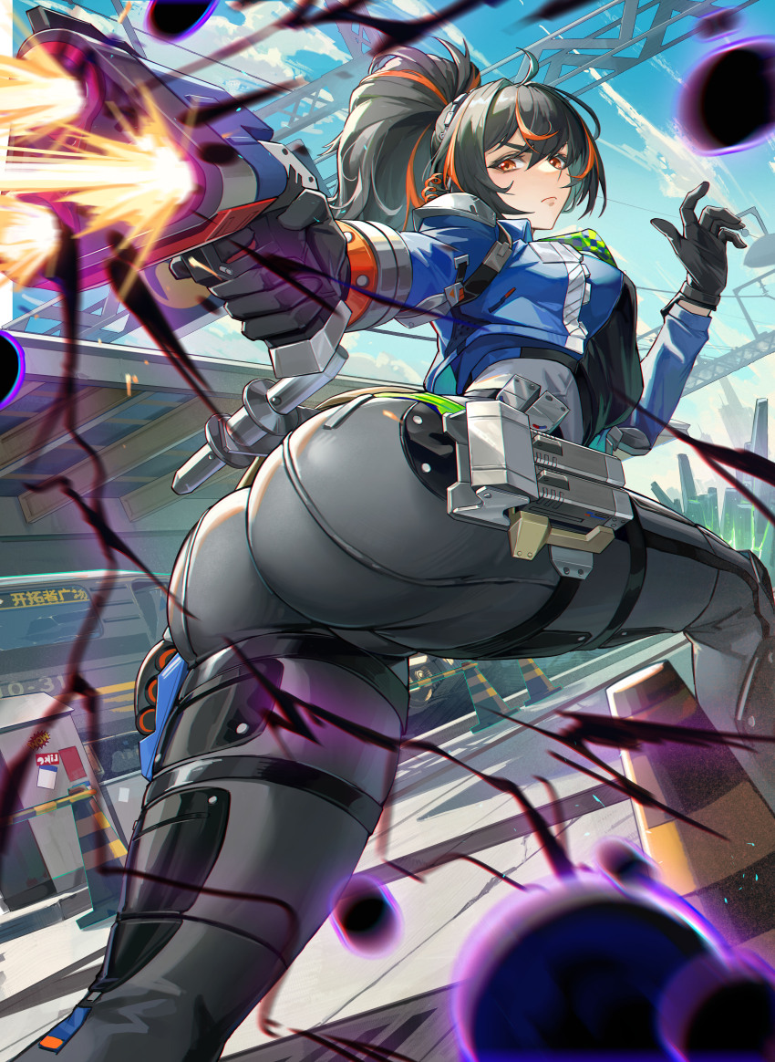 1girl, absurdres, ahoge, ass, bad_anatomy, black_gloves, black_hair, black_pants, blue_jacket, blue_sky, closed_mouth, cloud, firing, from_behind, gloves, gun, hair_between_eyes, hairband, highres, holding, holding_gun, holding_weapon, jacket, looking_back, metal_hairband, multicolored_hair, orange_eyes, orange_hair, outdoors, pants, police, police_uniform, policewoman, ponytail, pope_(user_vuza2542), running, serious, sidelocks, sky, solo, streaked_hair, two-tone_hair, weapon, zenless_zone_zero, zhu_yuan