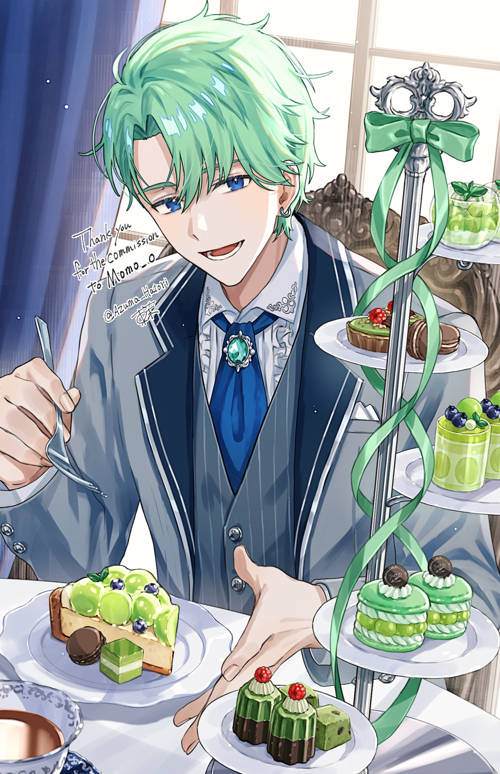 1boy, :d, ascot, azuma_hatori, blue_ascot, blue_eyes, blue_vest, blueberry