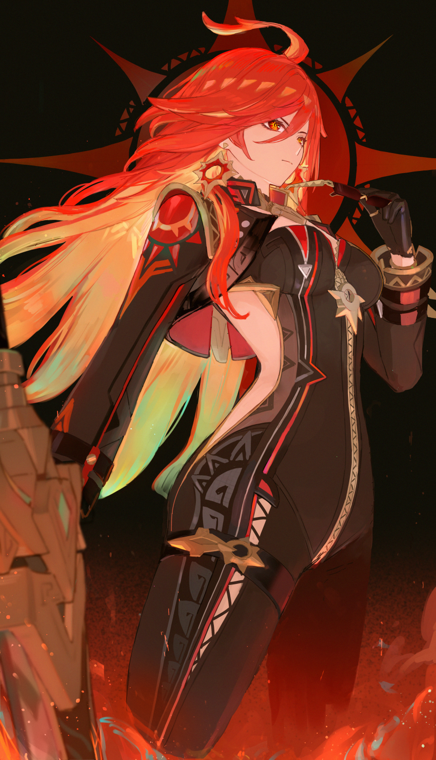 1girl, absurdres, ahoge, biker_clothes, bikesuit, black_bodysuit, black_gloves, bodysuit