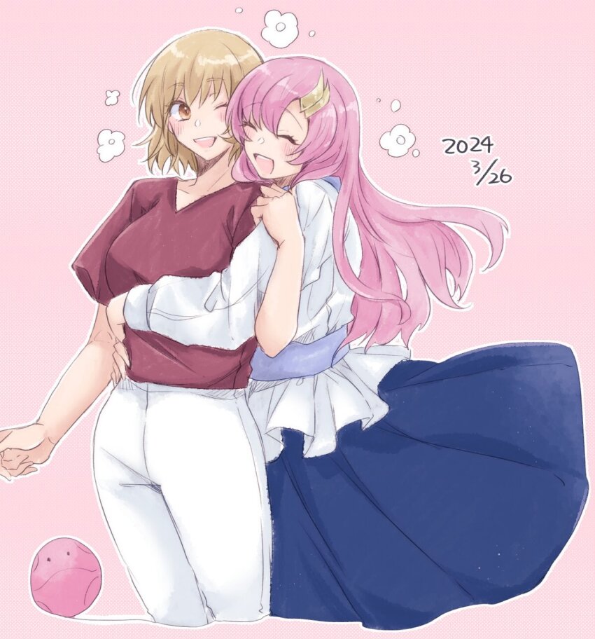 2girls, ;d, ^_^, alternate_costume, blonde_hair, blue_skirt, blush, cagalli_yula_athha, closed_eyes, cowboy_shot, dated, gundam, gundam_seed, highres, hug, hug_from_behind, lacus_clyne, long_hair, multiple_girls, nun_(eri), one_eye_closed, open_mouth, pants, pink_hair, red_shirt, shirt, short_hair, short_sleeves, simple_background, skirt, smile, white_pants, yuri
