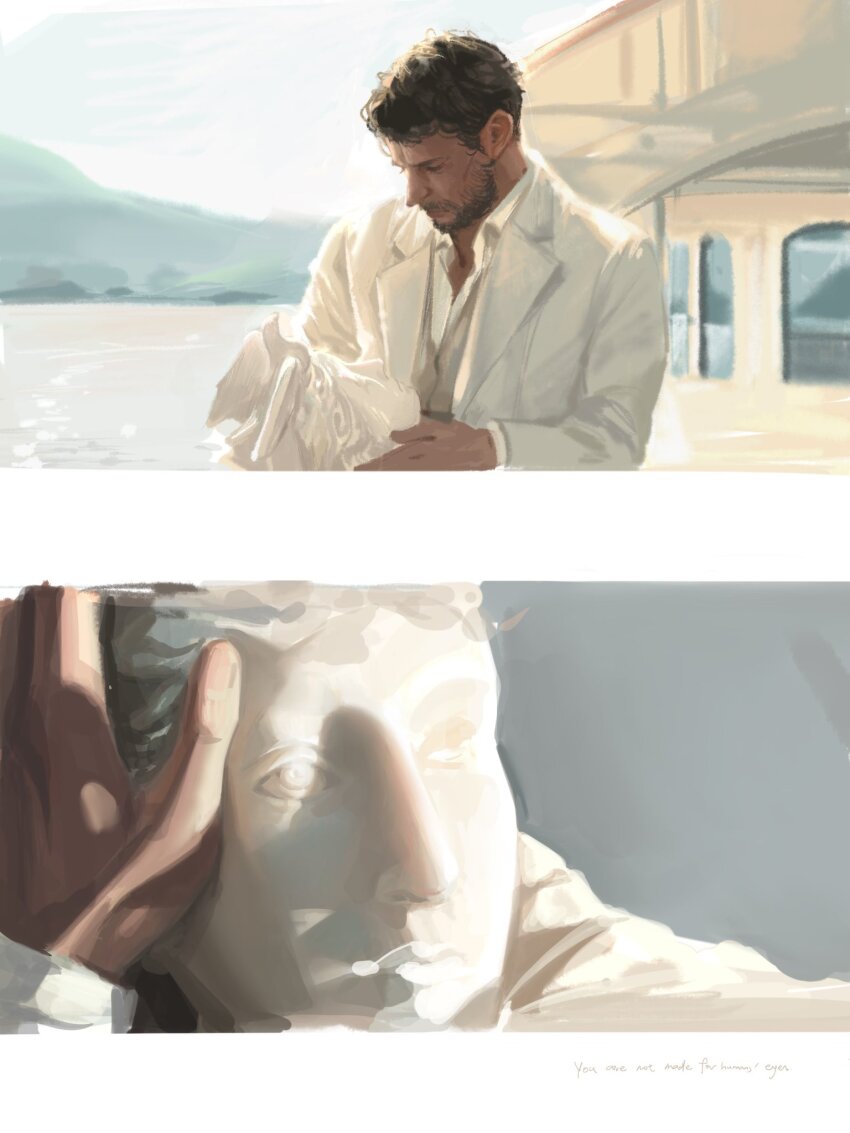 1boy, beard, brown_hair, collared_shirt, deerwhisky, english_text, facial_hair, highres