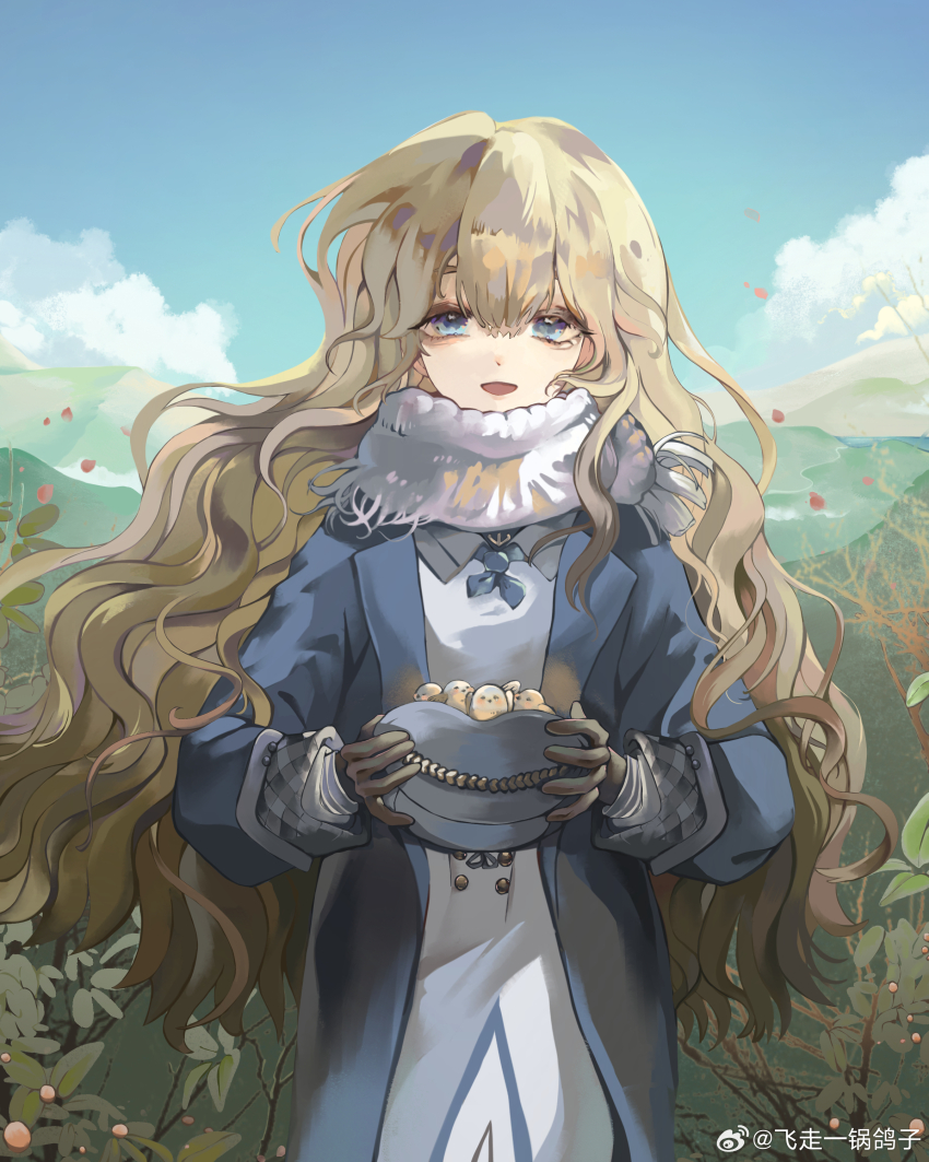 1girl, :d, absurdres, baby_animal, bird, blue_coat, blue_eyes, blue_neckerchief