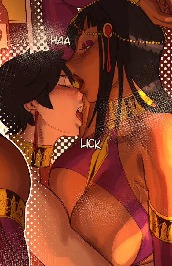 1boy, 1girl, armpit_stubble, armpits, belly_dancer, bracelet, breasts, bright_pupils, dark-skinned_female, dark_skin, hair_ornament, heart, heart-shaped_pupils, interracial, jewelry, large_breasts, licking, licking_armpit, lipstick, makeup, nastacic, nico_robin, one_piece, steam, steaming_body, sweat, symbol-shaped_pupils, veil
