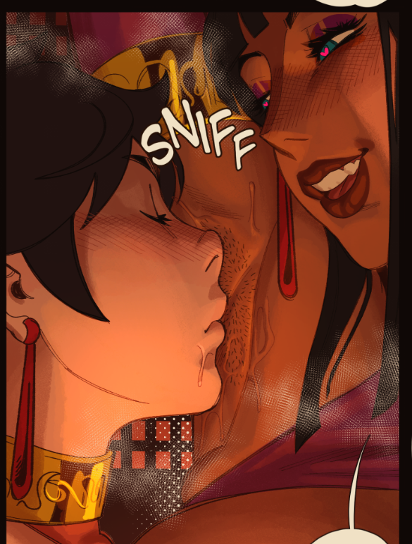 1boy, 1girl, armpit_stubble, armpits, belly_dancer, bracelet, breasts, censored, cropped, dark-skinned_female, dark_skin, facial_hair, fellatio, hair_ornament, heart, heart-shaped_pupils, jewelry, large_breasts, licking, licking_armpit, lipstick, makeup, nastacic, nico_robin, one_piece, oral, smell, smelling, smelling_armpit, sound_effects, speech_bubble, steam, steaming_body, stubble, sweat, symbol-shaped_pupils, veil