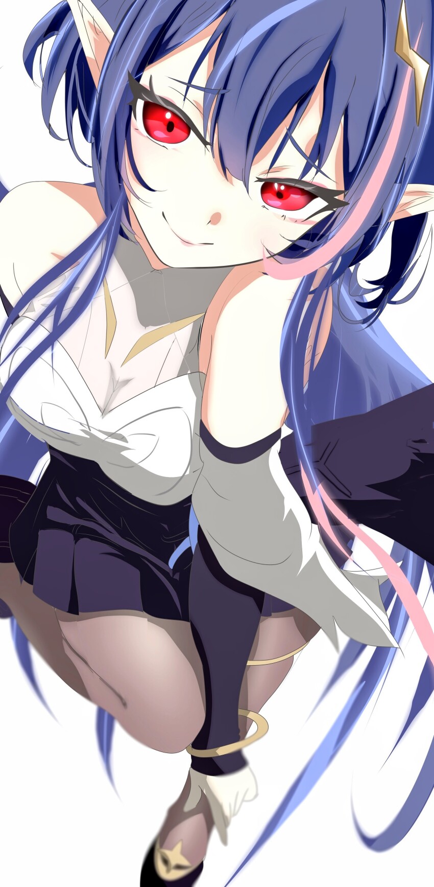 1girl, absurdres, bare_shoulders, blue_hair, bracelet, breasts, cleavage, commentary_request