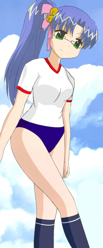 00s, aoba_kozue, blue_hair, glasses, green_eyes, gym_uniform, long_image, mahoraba