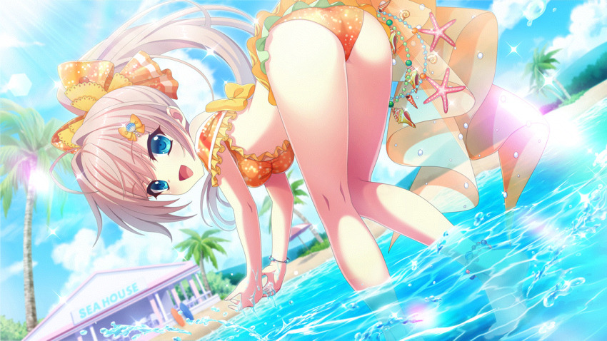 1girl, ass, barefoot, beach, beach_house, beads, bent_over, bikini