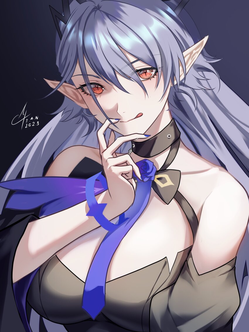 1girl, 2023, :q, absurdres, artist_name, black_bow, black_bowtie, bow