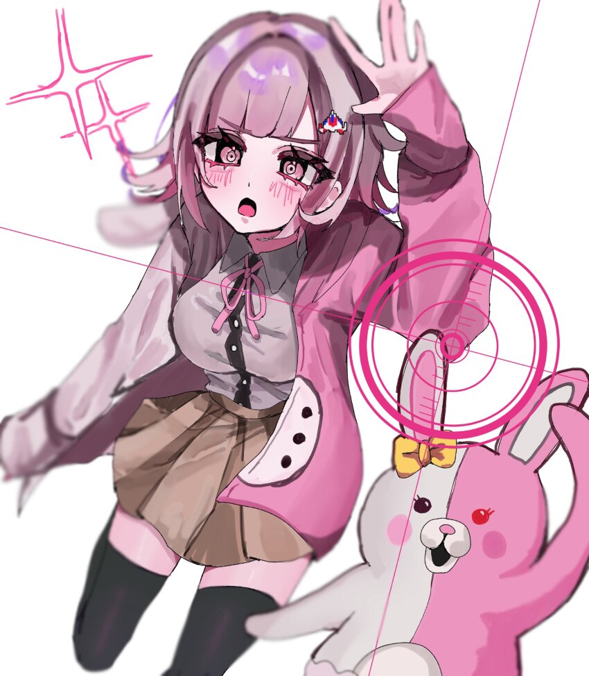 1girl, :o, black_shirt, black_thighhighs, blunt_bangs, blush, bow, brown_skirt