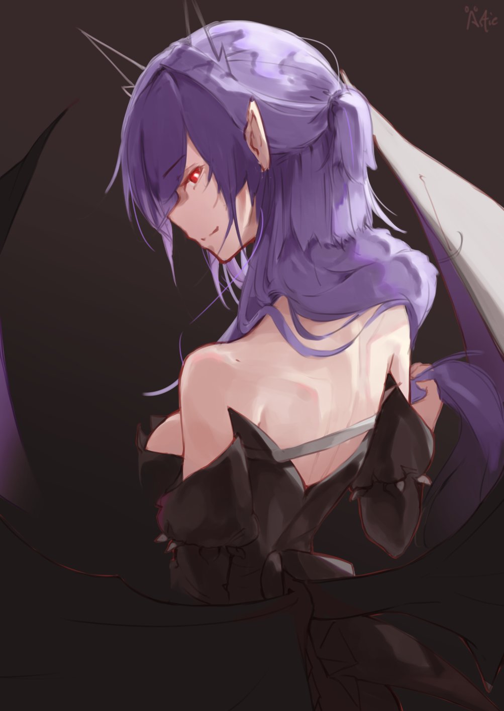 1girl, aesfixcia, back, back_focus, bare_shoulders, bat_wings, black_dress, breasts