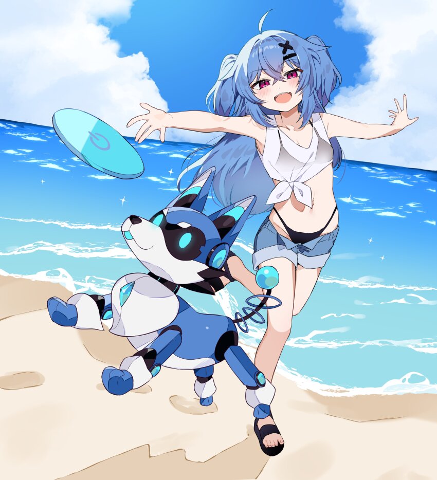 1girl, absurdres, ahoge, beach, bikini, black_bikini, black_footwear, blue_hair