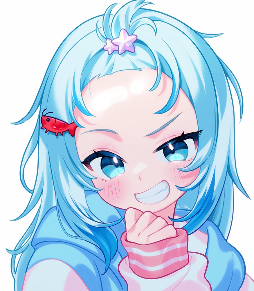 1girl, :d, bangs_pinned_back, blue_eyes, blue_hair, blue_hoodie, blush, gawr_gura