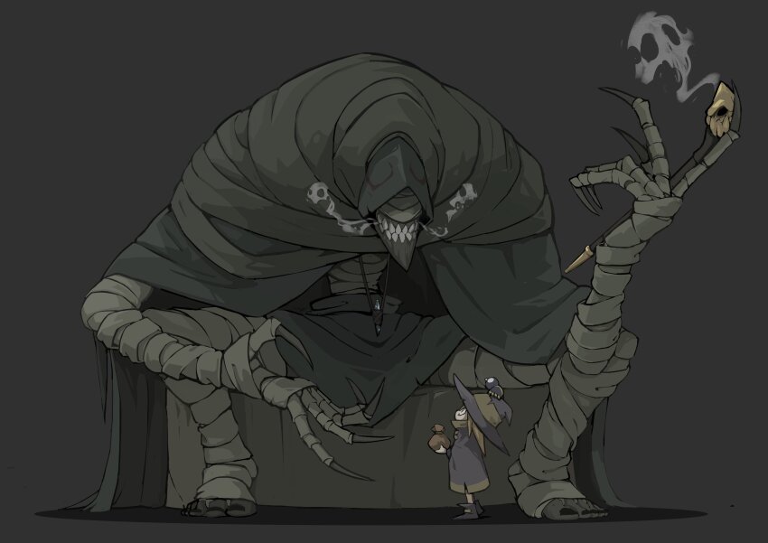 1girl, 1other, absurdres, amulet, bag, bandaged_arm, bandaged_chest, bandaged_fingers