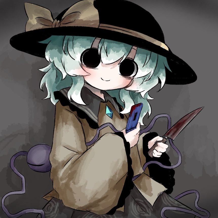 1girl, black_eyes, black_hat, blood, blood_on_phone, bloody_knife, bow, closed_mouth