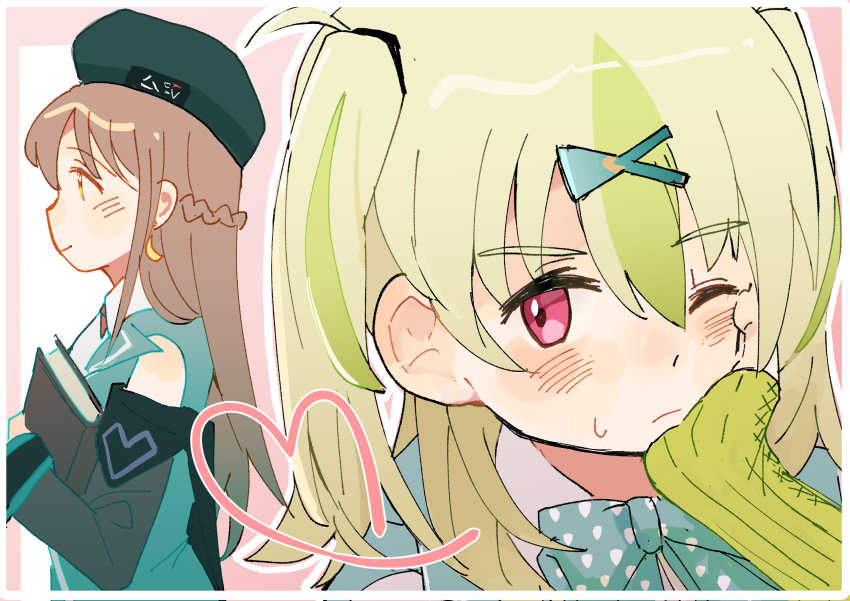 2girls, absurdres, beret, blush, bowtie, braid, breasts, brown_hair, green_hair, hair_between_eyes, half_up_braid, hands_on_own_face, hat, heart, heaven_burns_red, highres, long_hair, looking_to_the_side, lovestruck, multicolored_hair, multiple_girls, one_eye_closed, ooshima_ichiko, ooshima_isuzu, polka_dot_bow, polka_dot_bowtie, red_eyes, shy, siblings, sisters, two_side_up, u_yufei, yellow_eyes, yuri
