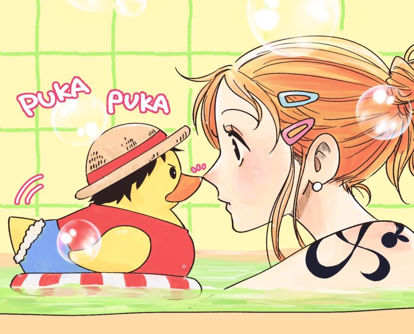 1girl, alternate_hairstyle, bare_shoulders, bath, bathing, bathroom, bathtub, black_hair, blue_shorts, blush, bubble, close-up, closed_mouth, commentary, earrings, from_side, hair_bun, hair_ornament, hairclip, hat, highres, indoors, innertube, jewelry, long_hair, looking_at_another, monkey_d._luffy, nami_(one_piece), namisan_sukida, noses_touching, nude, one_piece, orange_hair, partially_submerged, pearl_earrings, profile, red_vest, rubber_duck, shorts, shoulder_tattoo, soap_bubbles, straw_hat, swim_ring, untranslatable_commentary, tattoo, upper_body, vest