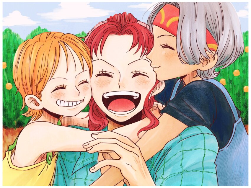 3girls, aged_down, arms_around_neck, bare_shoulders, bellemere, black_shirt, blue_hair, blue_overalls