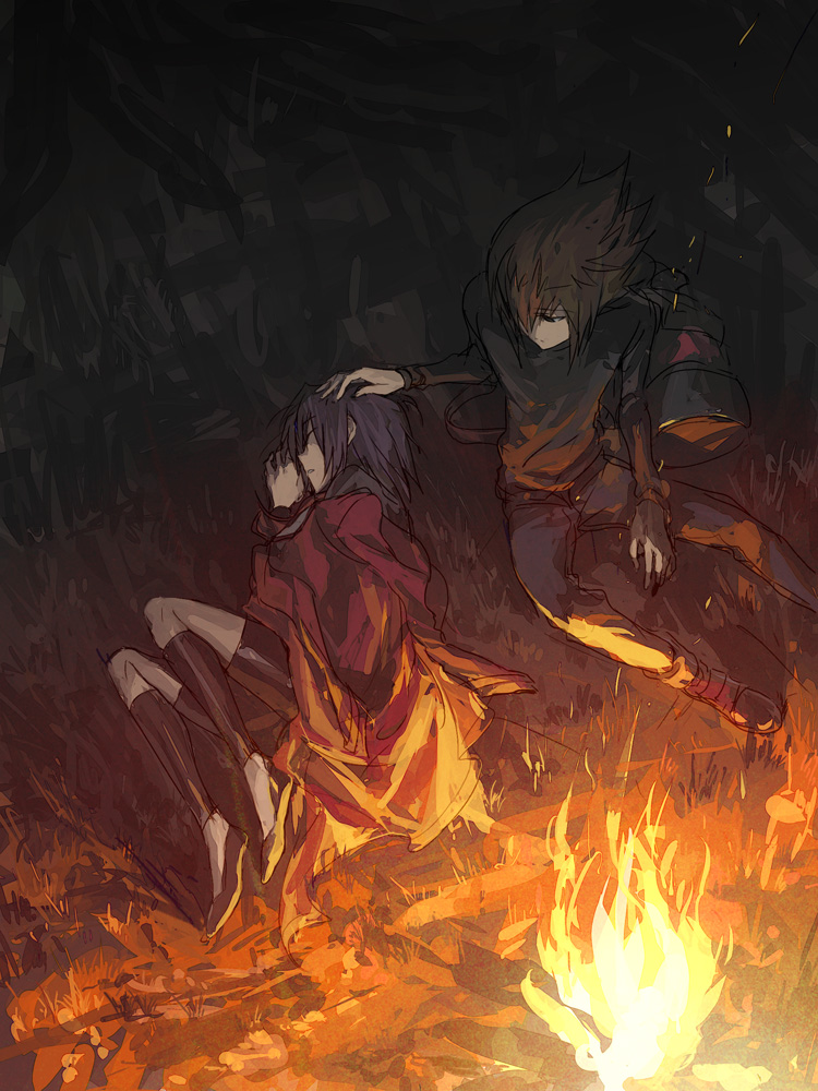 1boy, 1other, bag, black_footwear, black_pants, black_shirt, brown_eyes, brown_hair