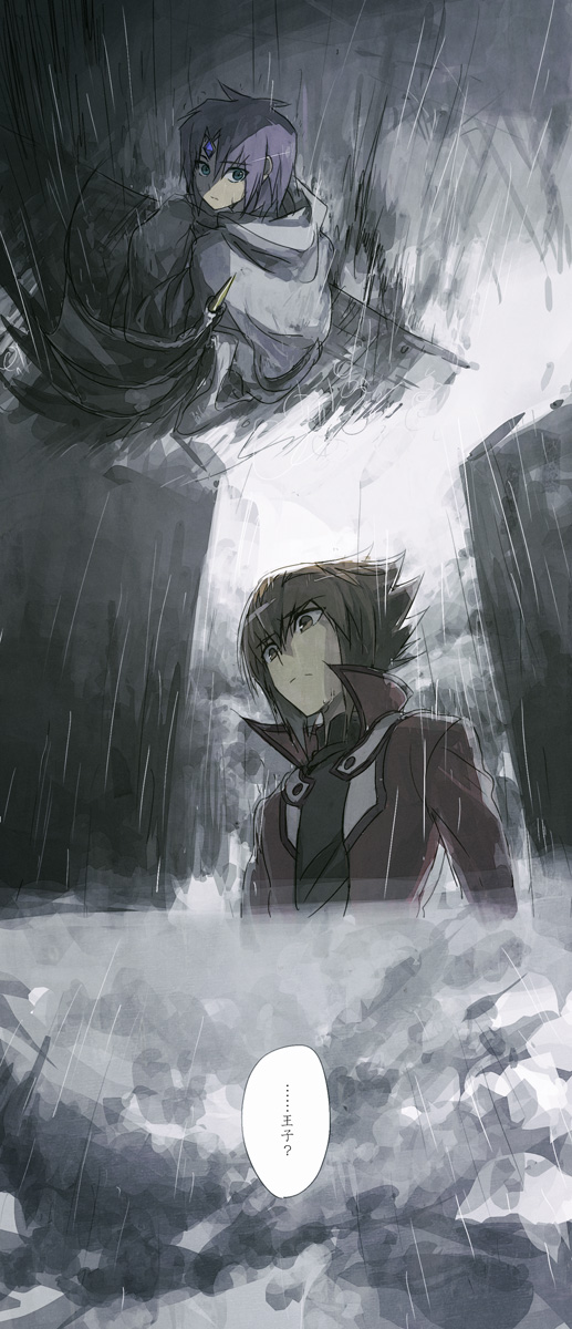 1boy, 1other, alley, black_shirt, brown_eyes, brown_hair, building, cloud