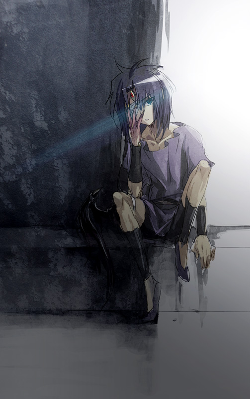 1other, anklet, black_footwear, concrete, dappled_sunlight, demon_tail, elbow_rest, facial_mark