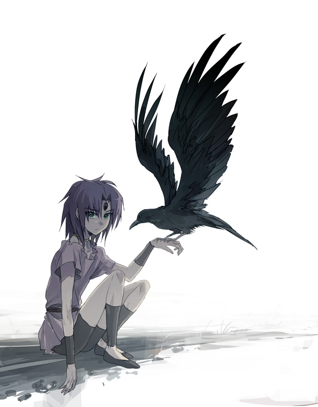 1other, arm_cuffs, arm_up, bird, bird_on_hand, black_footwear, black_shorts, crow