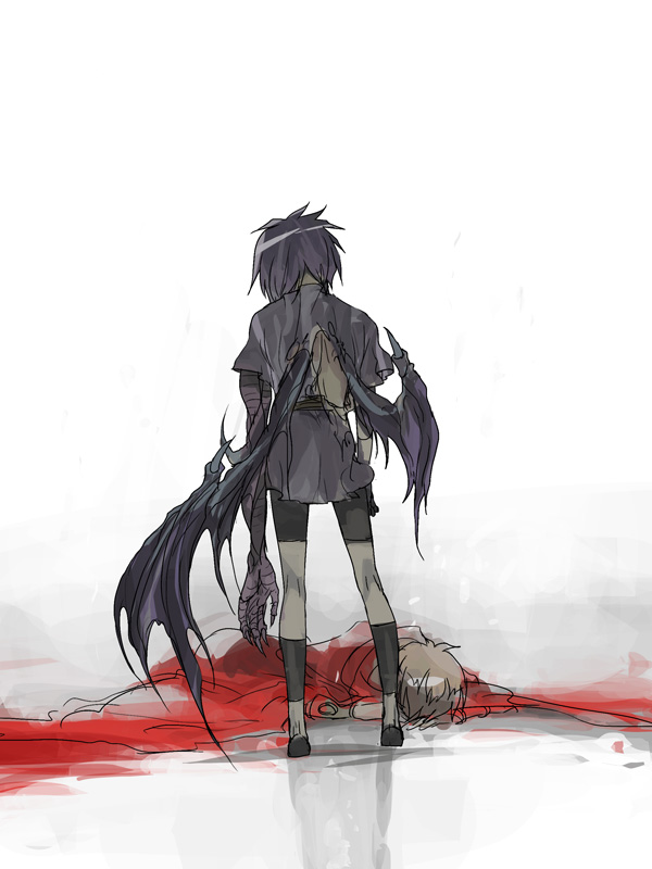 1boy, 1other, anklet, armband, black_footwear, brown_hair, demon_wings, face_down