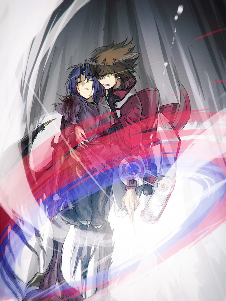 1boy, 1other, angry, bag, black_shirt, blood, blood_on_clothes, blood_on_face