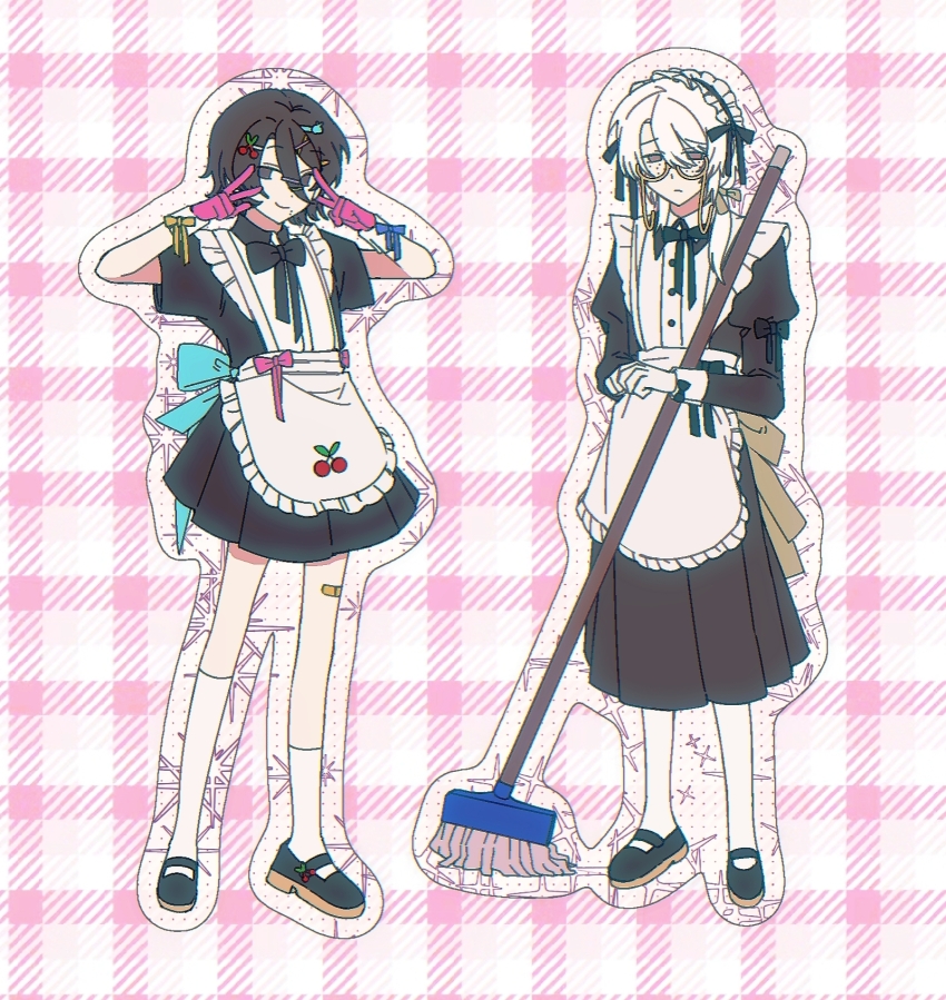 2boys, alternate_costume, apron, asymmetrical_legwear, back_bow, bai_ling_(touqi_guaitan), black_dress, black_eyes