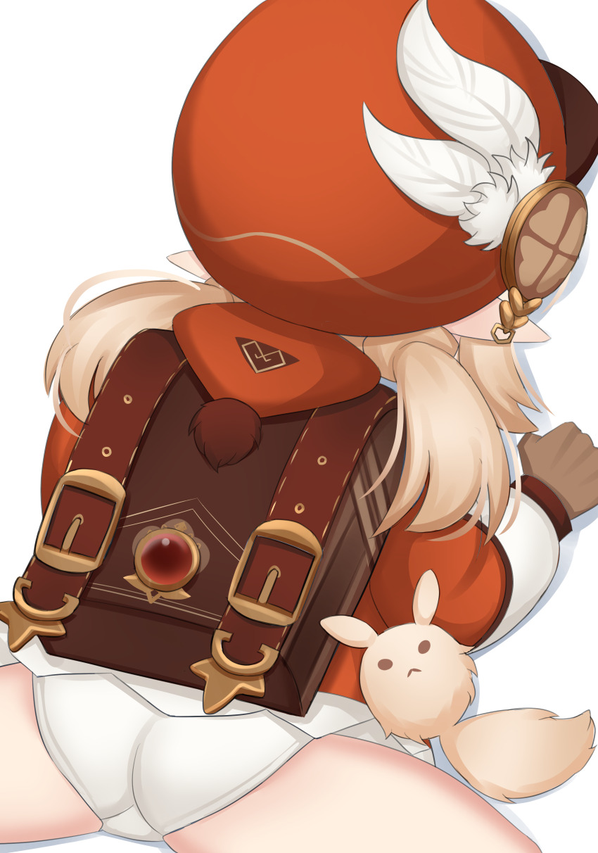 1girl, absurdres, ass, backpack, bag, blonde_hair, brown_gloves, clothes_lift, dress, dress_lift, feathers, from_behind, genshin_impact, gloves, hat, highres, klee_(genshin_impact), loli, long_hair, lying, on_stomach, ozu_yugurou, panties, pointy_ears, red_dress, red_hat, solo, spread_legs, thighs, twintails, underwear