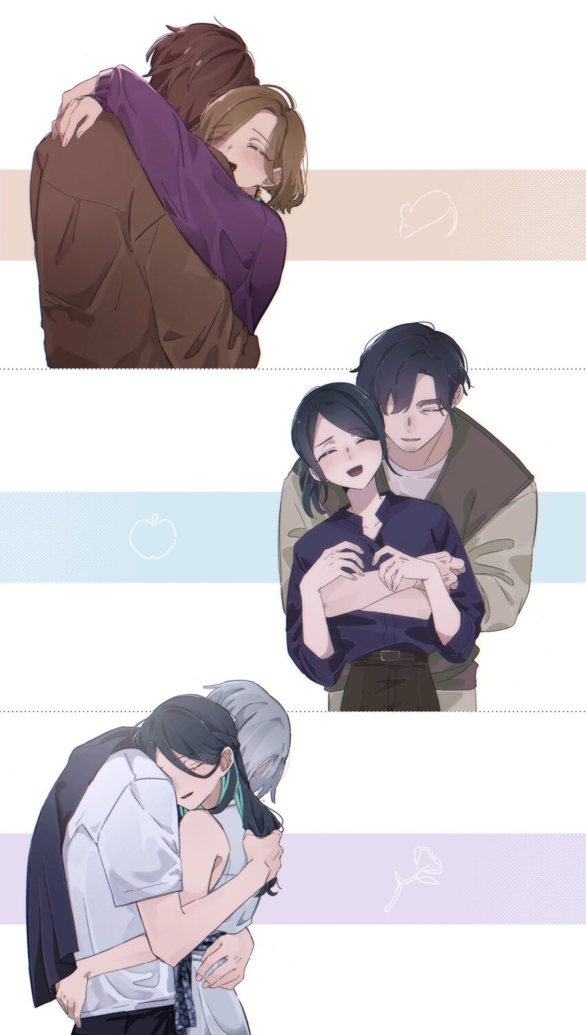 3boys, 3girls, :d, ^_^, apple, aqua_hair, asymmetrical_bangs, black_hair