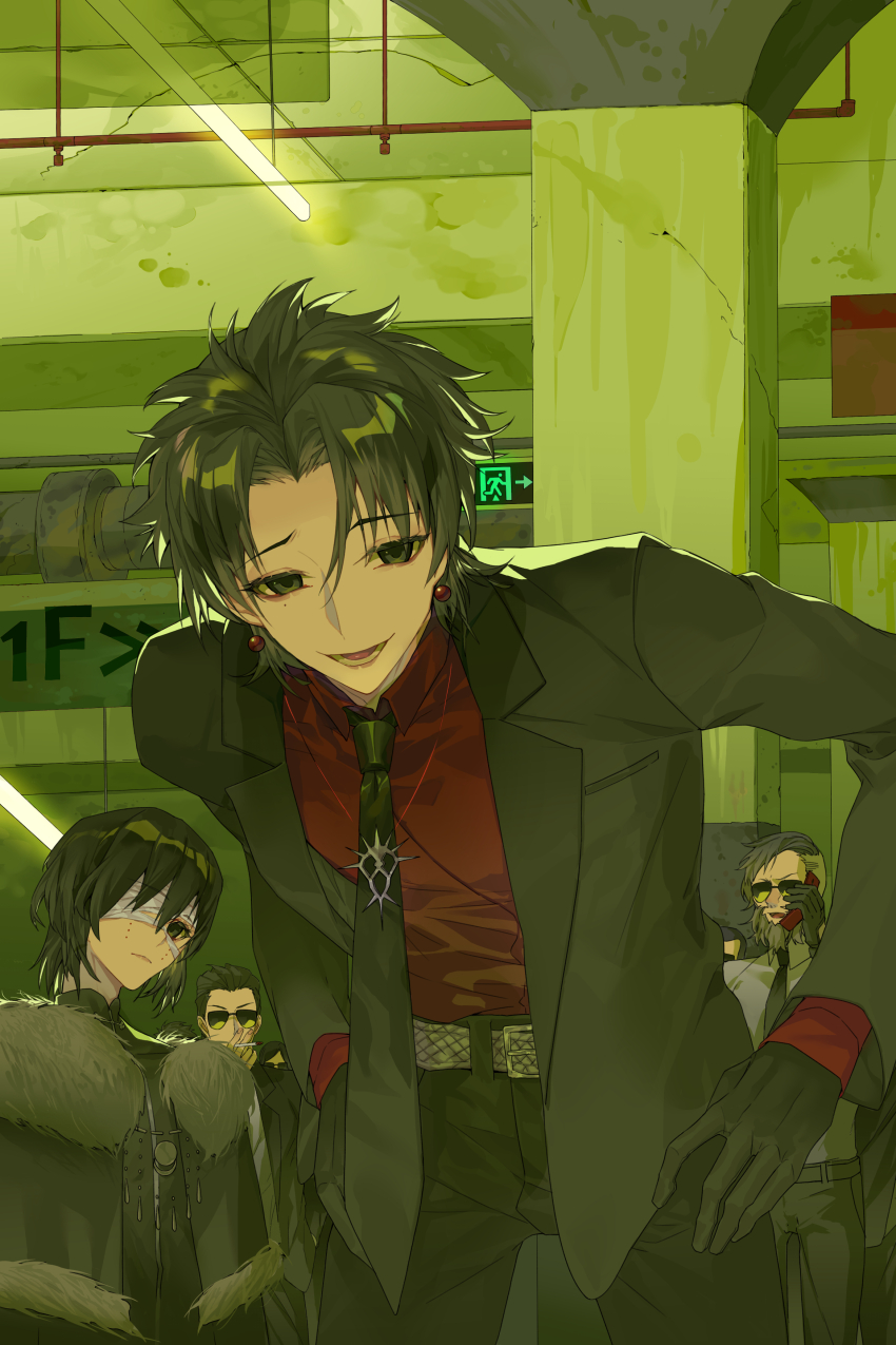 4boys, absurdres, bandage_over_one_eye, belt, black_capelet, black_eyes, black_gloves, black_hair