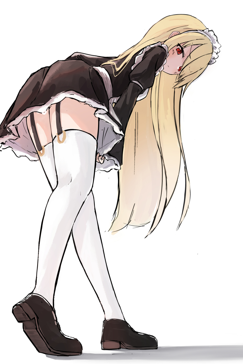 1girl, 9-nine-, absurdres, alternate_costume, apron, black_shirt, black_shoes, black_skirt