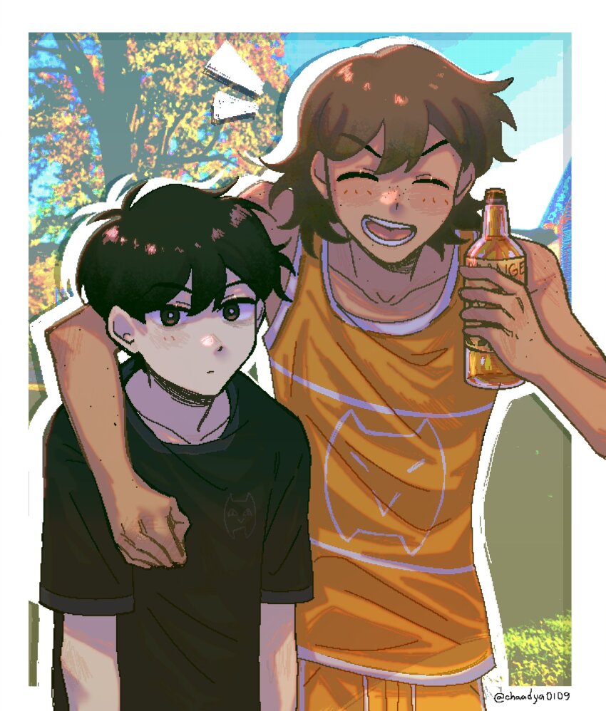2boys, antenna_hair, arm_on_another's_shoulder, black_eyes, black_hair, black_shirt, bright_pupils, brown_hair