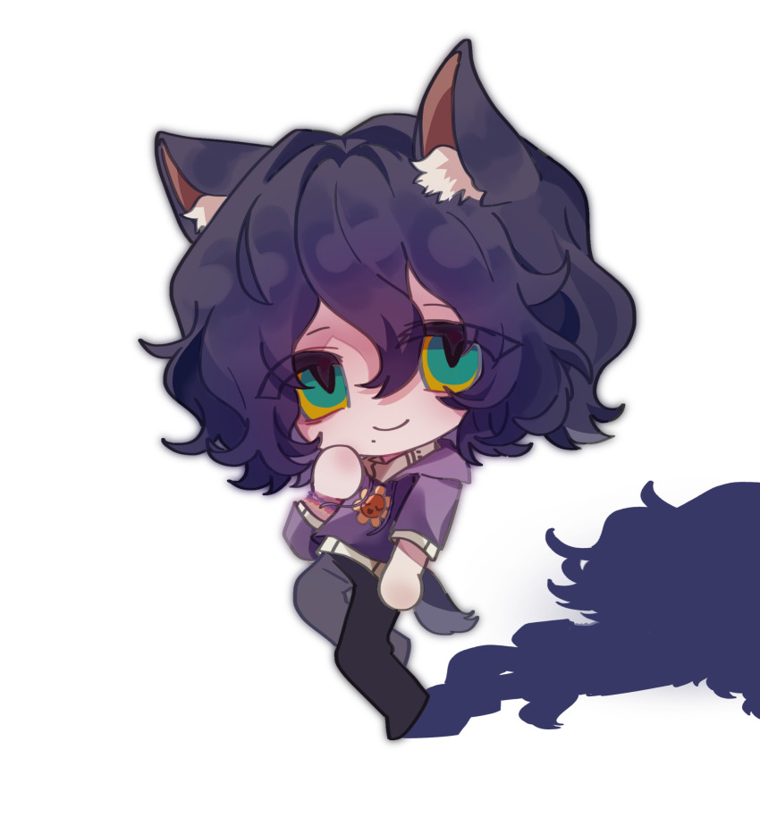 1boy, animal_ear_fluff, animal_ears, black_pants, blue_hair, bushishangbu, chibi, chibi_only, chinese_commentary, closed_mouth, commentary_request, dark_blue_hair, eyes_visible_through_hair, hair_between_eyes, hair_intakes, hand_on_own_cheek, hand_on_own_face, highres, hood, hood_down, long_sleeves, male_focus, medium_hair, mole, mole_under_mouth, multicolored_eyes, pants, purple_hood, shirt, smile, solo, tail, touqi_guaitan, wavy_hair, white_shirt, wolf_boy, wolf_ears, wolf_tail, you_jiujiu