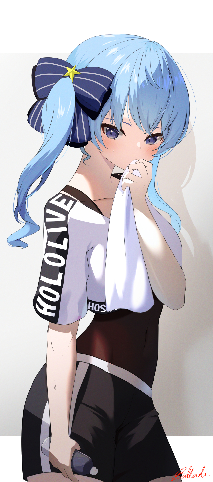 1girl, absurdres, bizusuhatu123, black_leotard, black_shorts, blue_eyes, blue_hair, blue_ribbon