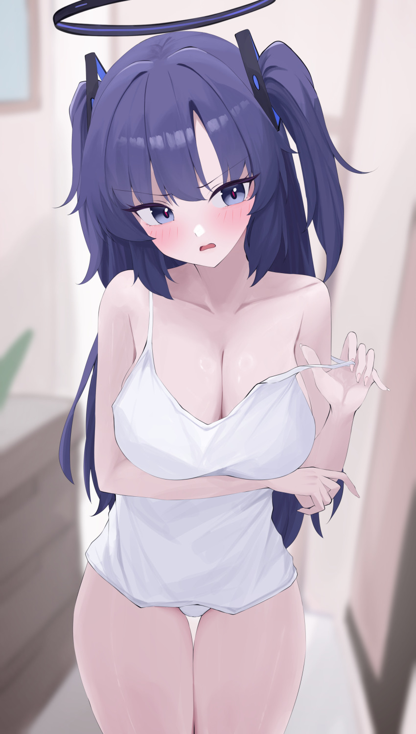 1girl, absurdres, alternate_breast_size, alternate_costume, bare_shoulders, blue_archive, blush, breasts